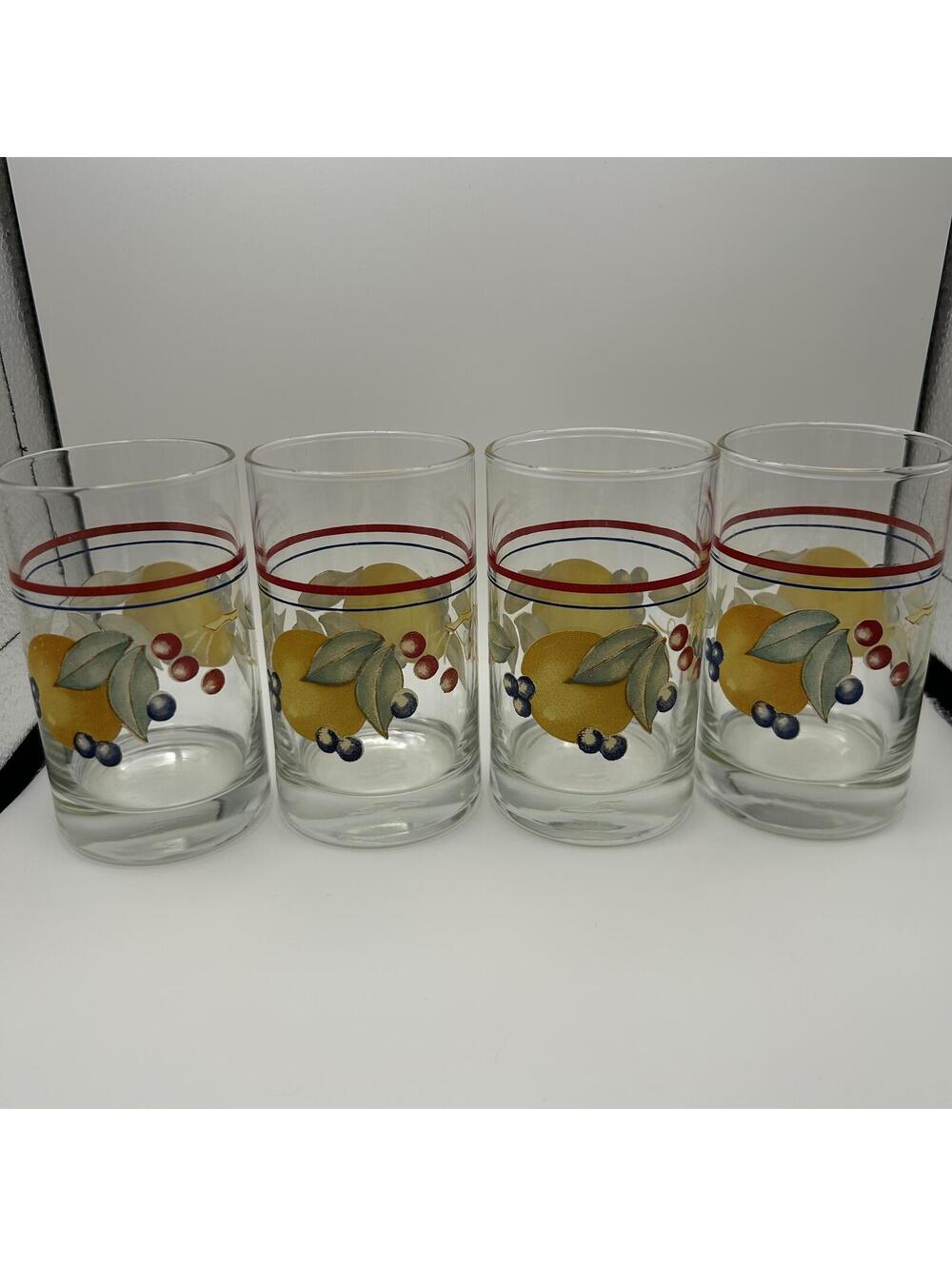 Set Of 4 Vintage Corelle Crisa Abundance Juice Glasses Fruit Pattern 4” Tall